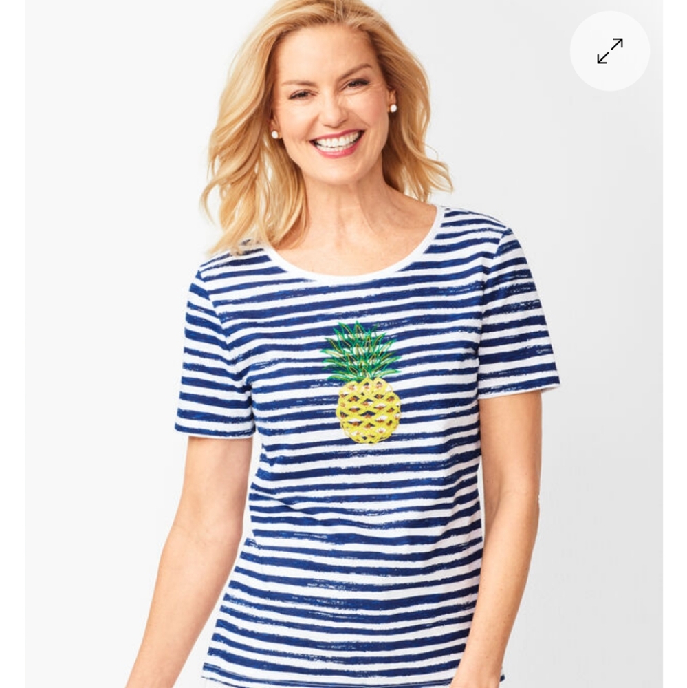 Talbots Sequined Pineapple Blue & White Striped Short-Sleeve Cotton Tee